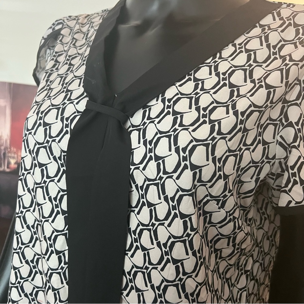 Black & Taupe Geometric Tie-Neck Vintage Look Dress